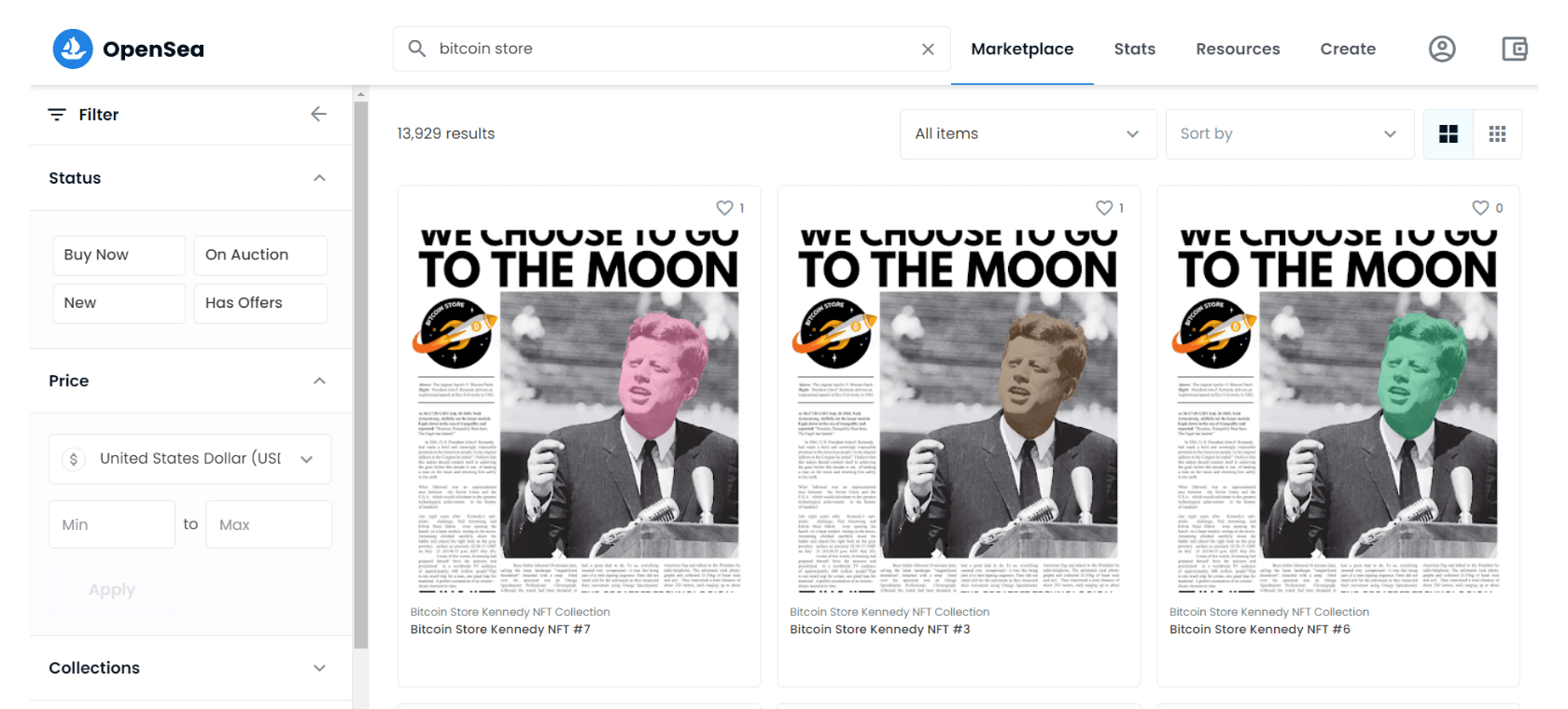 The original NFT created by the Bitcoin Store, visible on Opensea platform.