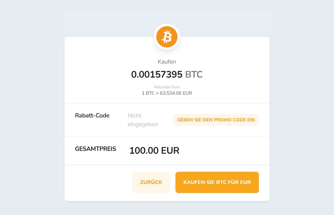 Fenster zur Bestätigung des Kaufs von Bitcoin (BTC) für Euro (EUR).