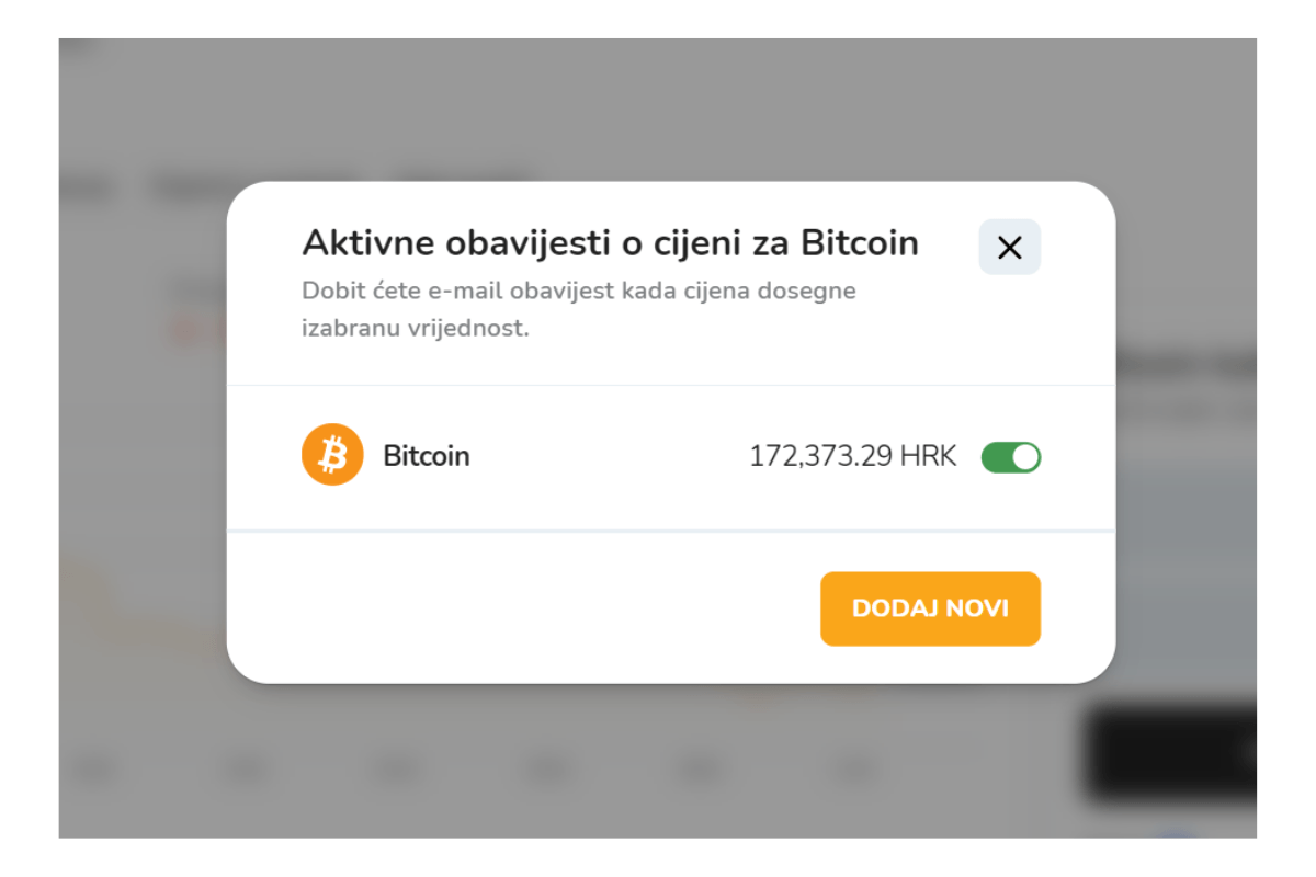 Slika prikazuje popis aktivnih obavijesti o promjeni cijena kriptovaluta.