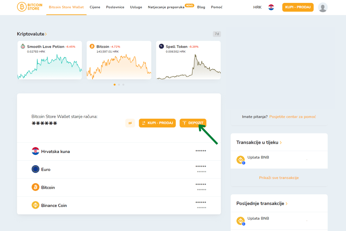 Slika kontrolne ploče Bitcoin Store računa.