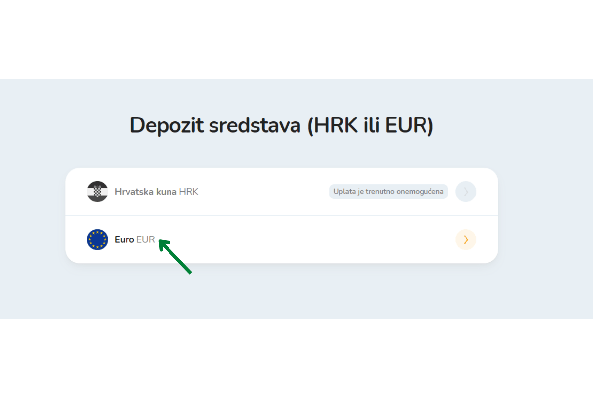 Odabir valute prilikom uplate sredstava na Bitcoin Store platformi.
