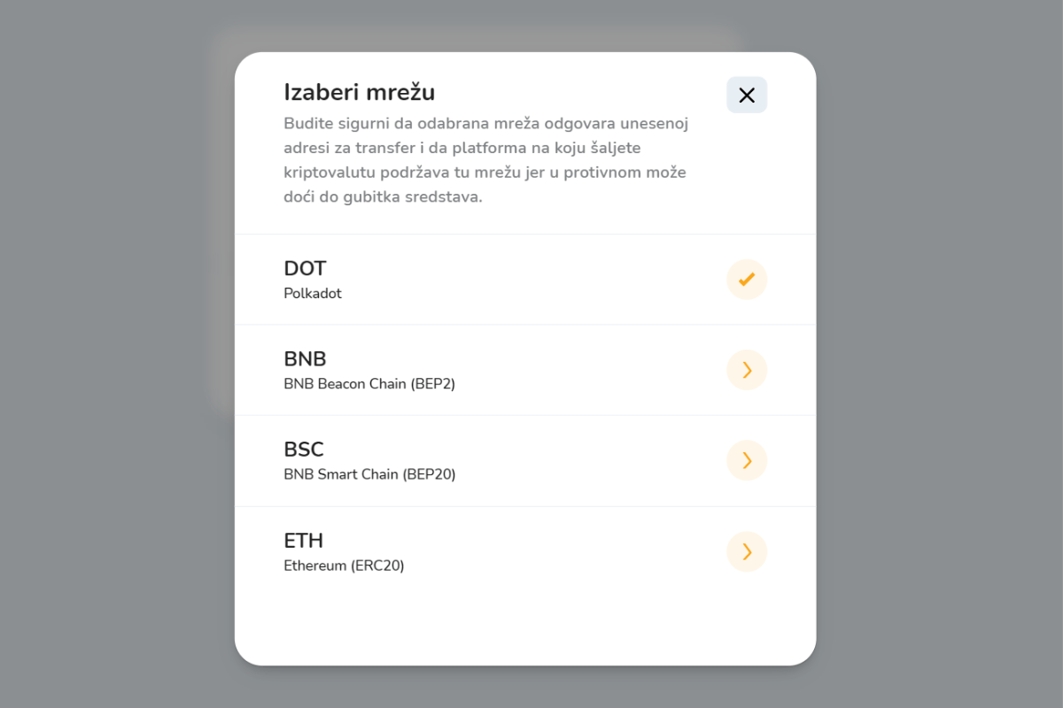Slika prikazuje popis blockchain mreža za slanje kriptovaluta.