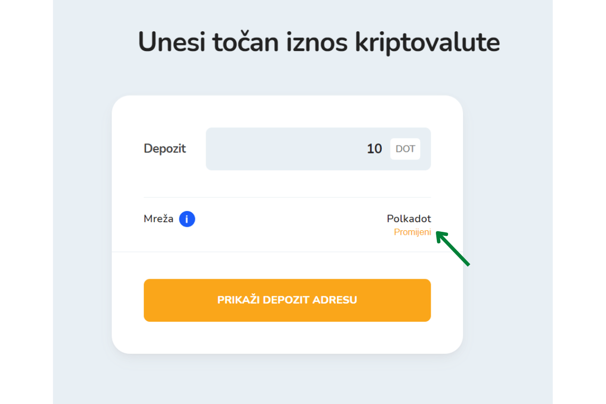 Slika prikazuje prozor za unos količine kriptovaluta i odabir mreže za transfer.