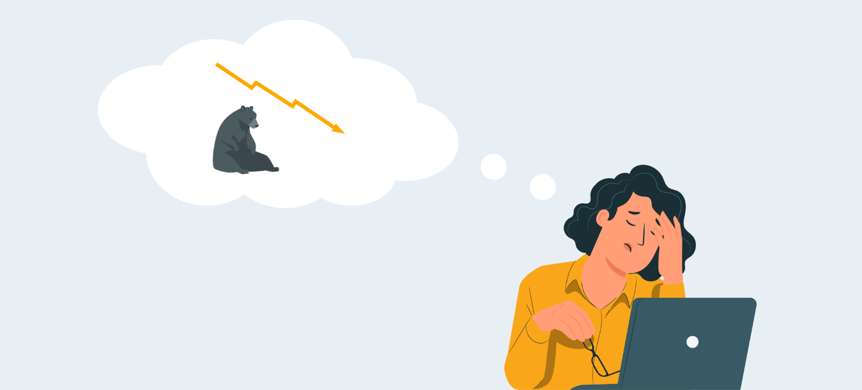 The illustration of a woman on a laptop worrying over a bear market.