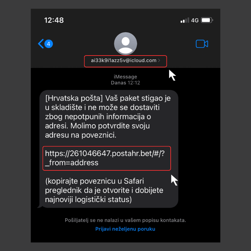 Slika prikazuje primjer poznate prevare na internetu u kojoj se ljudima šalju poruke koje imitiraju obavijesti kurirskih službi.