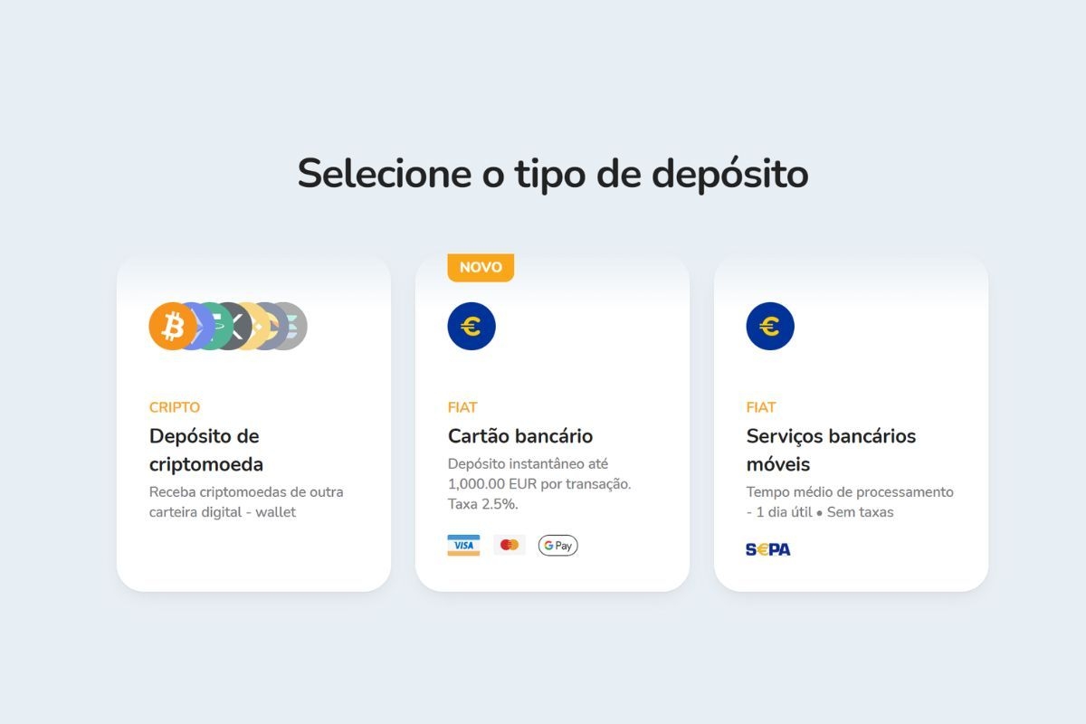 Métodos disponíveis para depósito de fundos fiduciários na plataforma Bitcoin Store