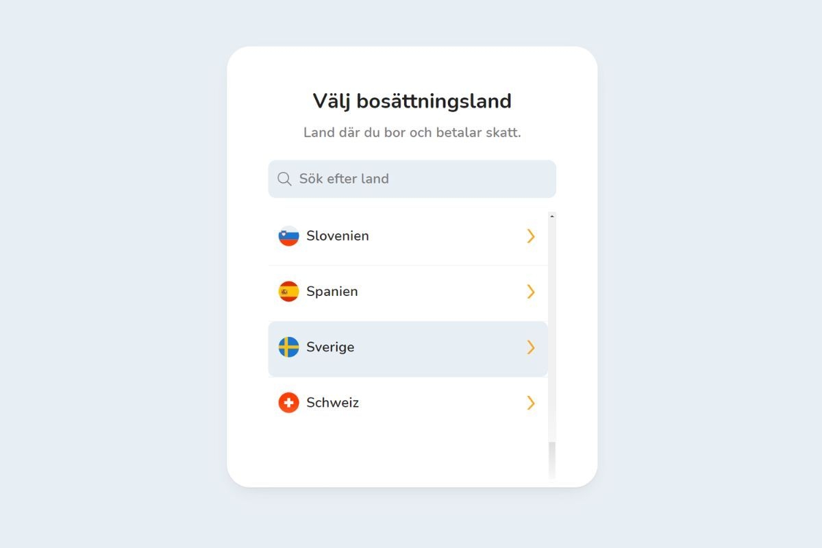 Välj ditt bosättningsland när du skapar ett konto på Bitcoin Store-plattformen för att köpa och sälja kryptovalutor.