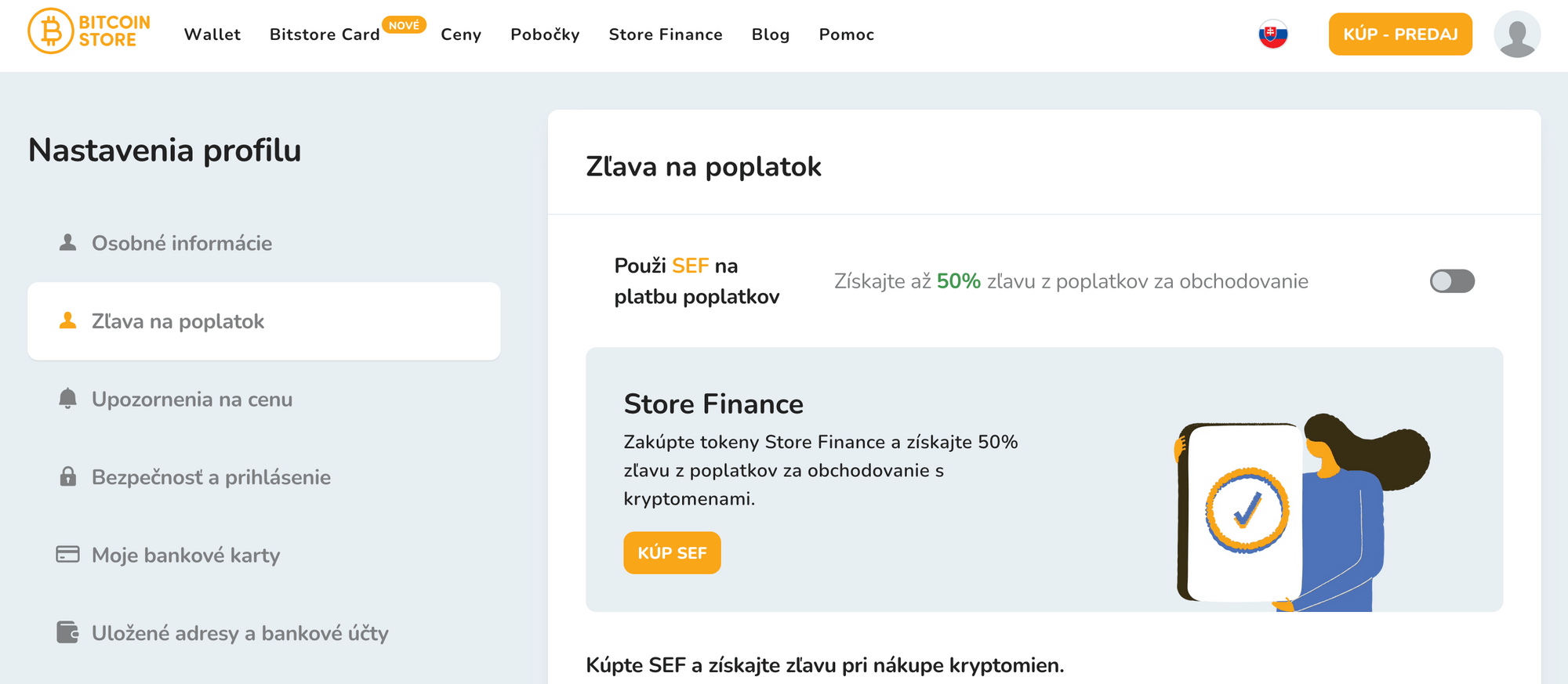 Obrázok zobrazuje snímku obrazovky, ako aktivovať zľavu na obchodné poplatky na platforme Bitcoin Store.