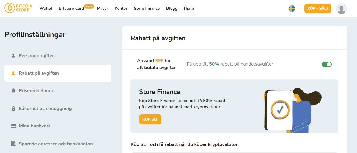 Bilden visar en skärmdump som förklarar hur du aktiverar rabatt på handelsavgifter på Bitcoin Store-plattformen.