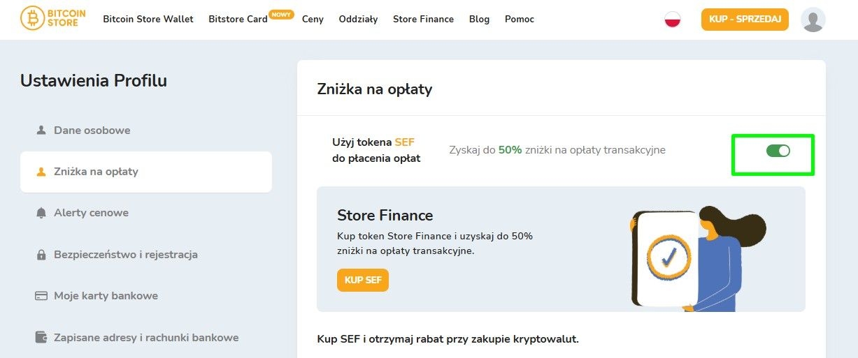 Obraz przedstawia zrzut ekranu pokazujący, jak aktywować zniżkę na opłaty transakcyjne na platformie Bitcoin Store.