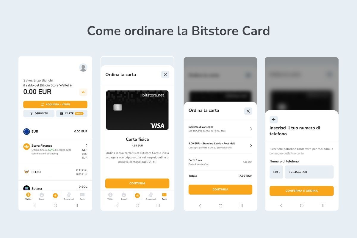 L'immagine mostra come ordinare la carta cripto Bitstore Card tramite l'app