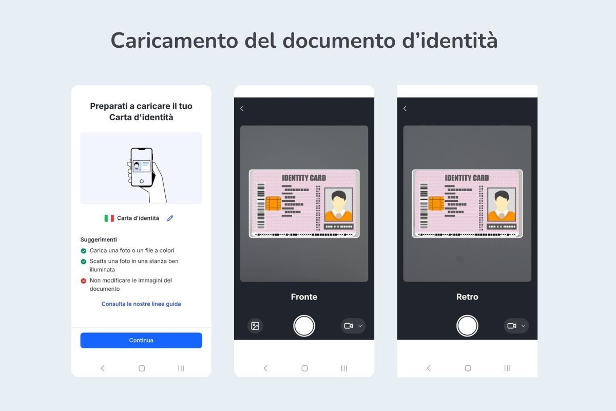 L'immagine mostra come caricare il documento d'identità per verificare il account 