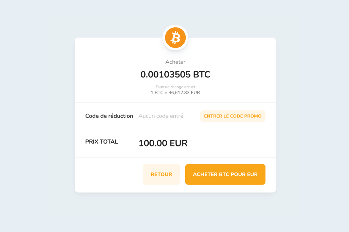 Fenêtre de confirmation d'achat de la cryptomonnaie Bitcoin (BTC) contre des euros (EUR).