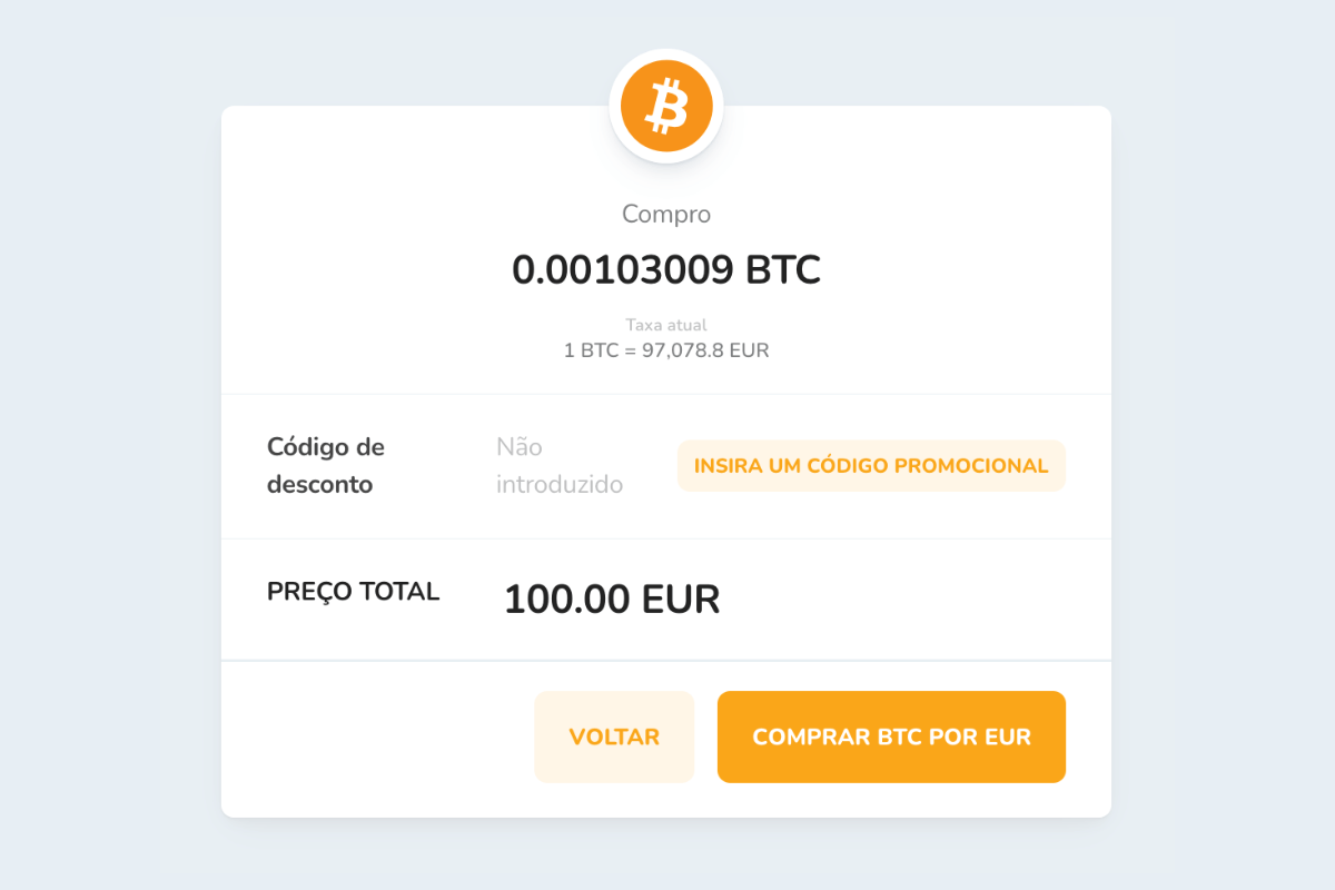 anela de confirmação de compra de Bitcoin (BTC) por Euro (EUR)