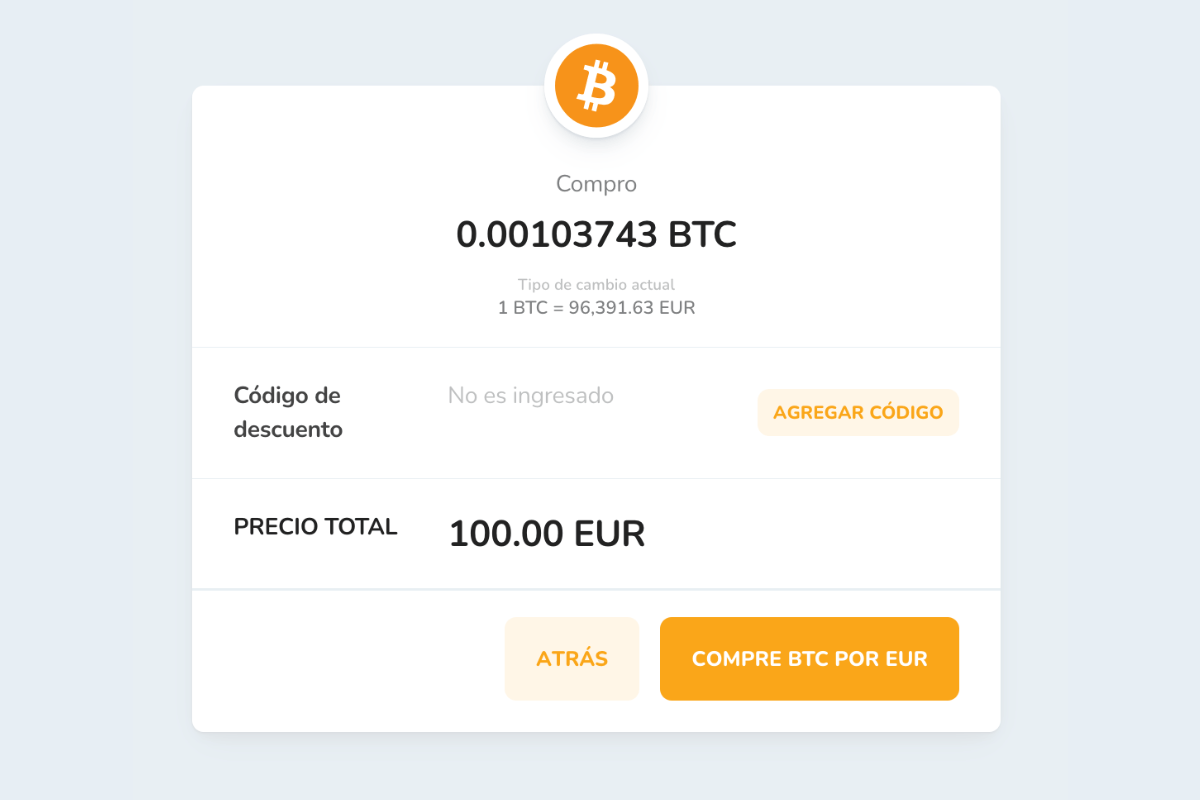 Ventana de confirmación de compra de la criptomoneda Bitcoin (BTC) por Euro (EUR).