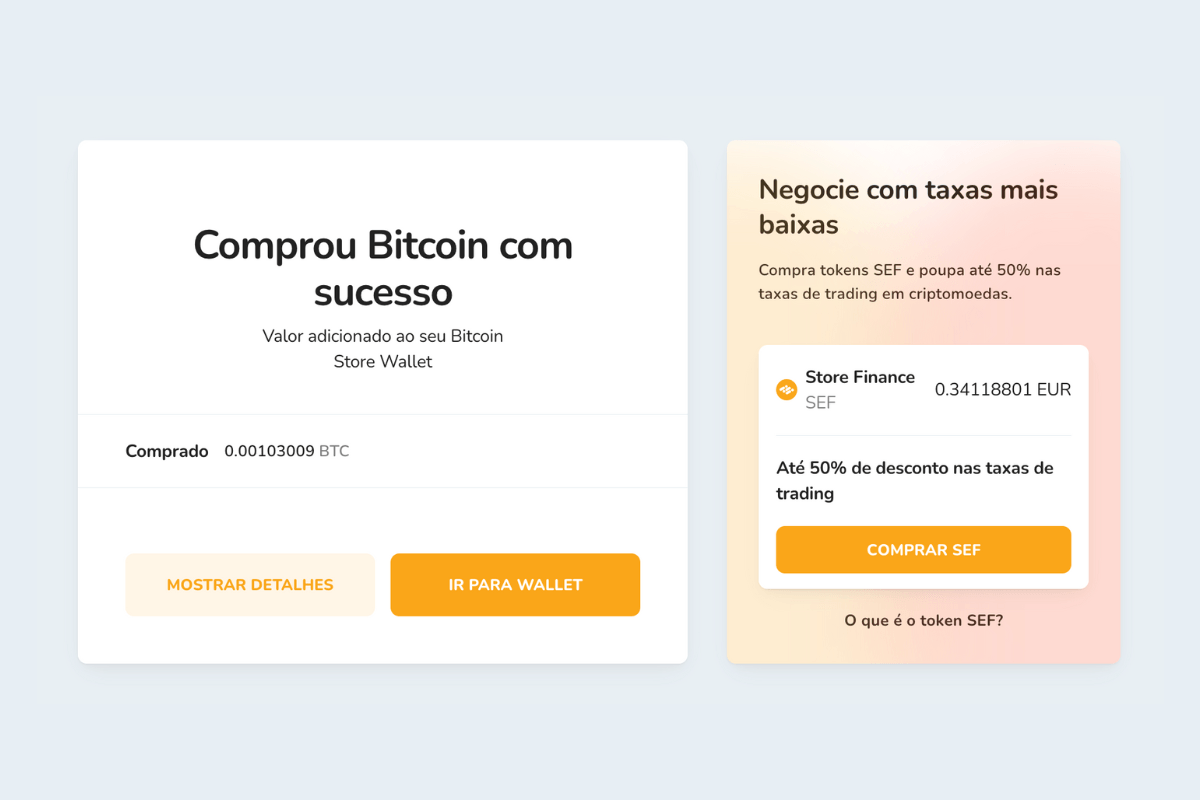 Compra bem-sucedida da primeira criptomoeda na plataforma Bitcoin Store