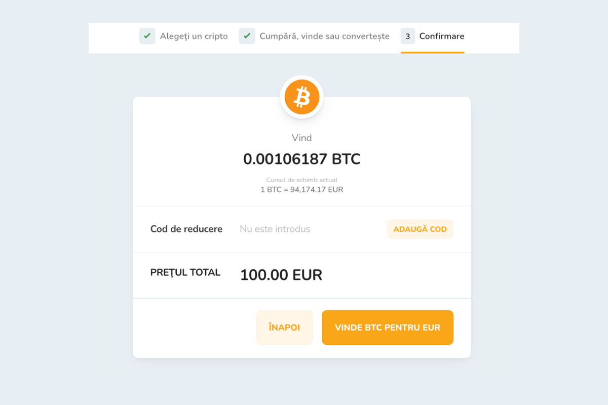 Confirmarea vânzării criptomonedelor prin intermediul portofelului digital Bitcoin Store Wallet.