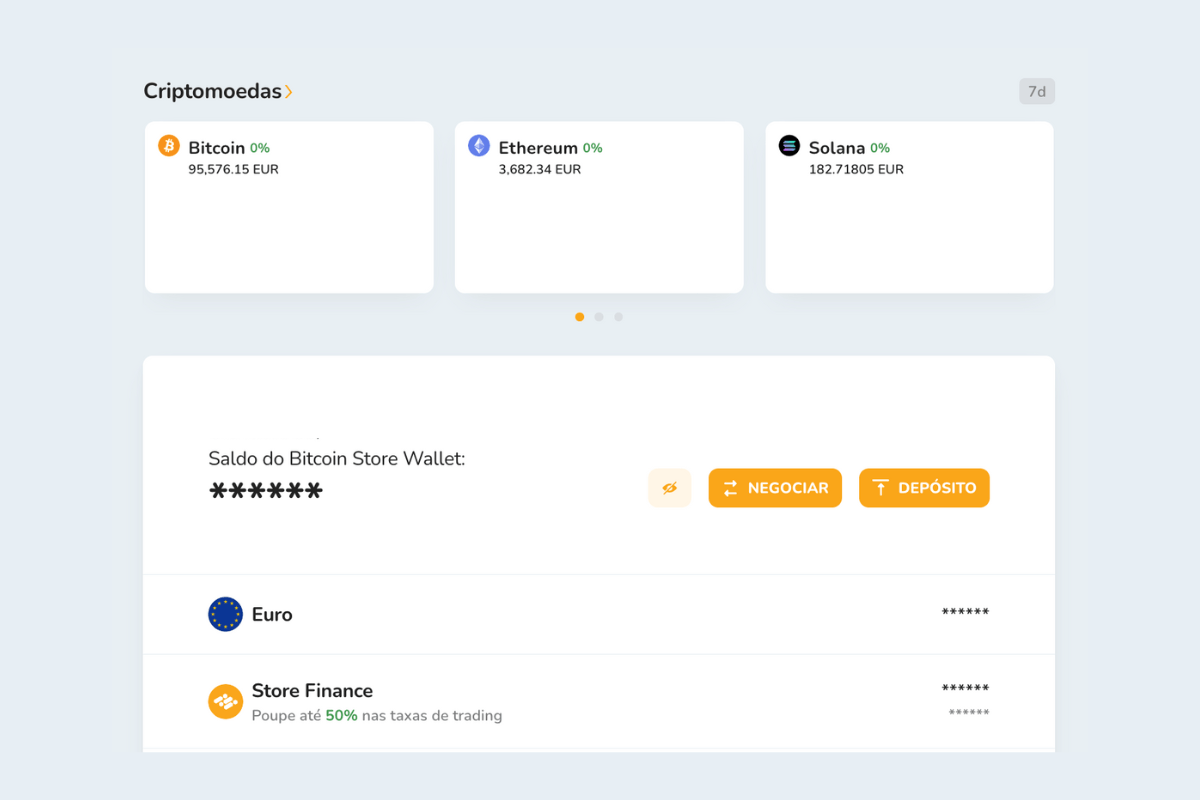 Captura de tela da tela inicial da Bitcoin Store Wallet, uma carteira digital gratuita para compra, venda e armazenamento de criptomoedas