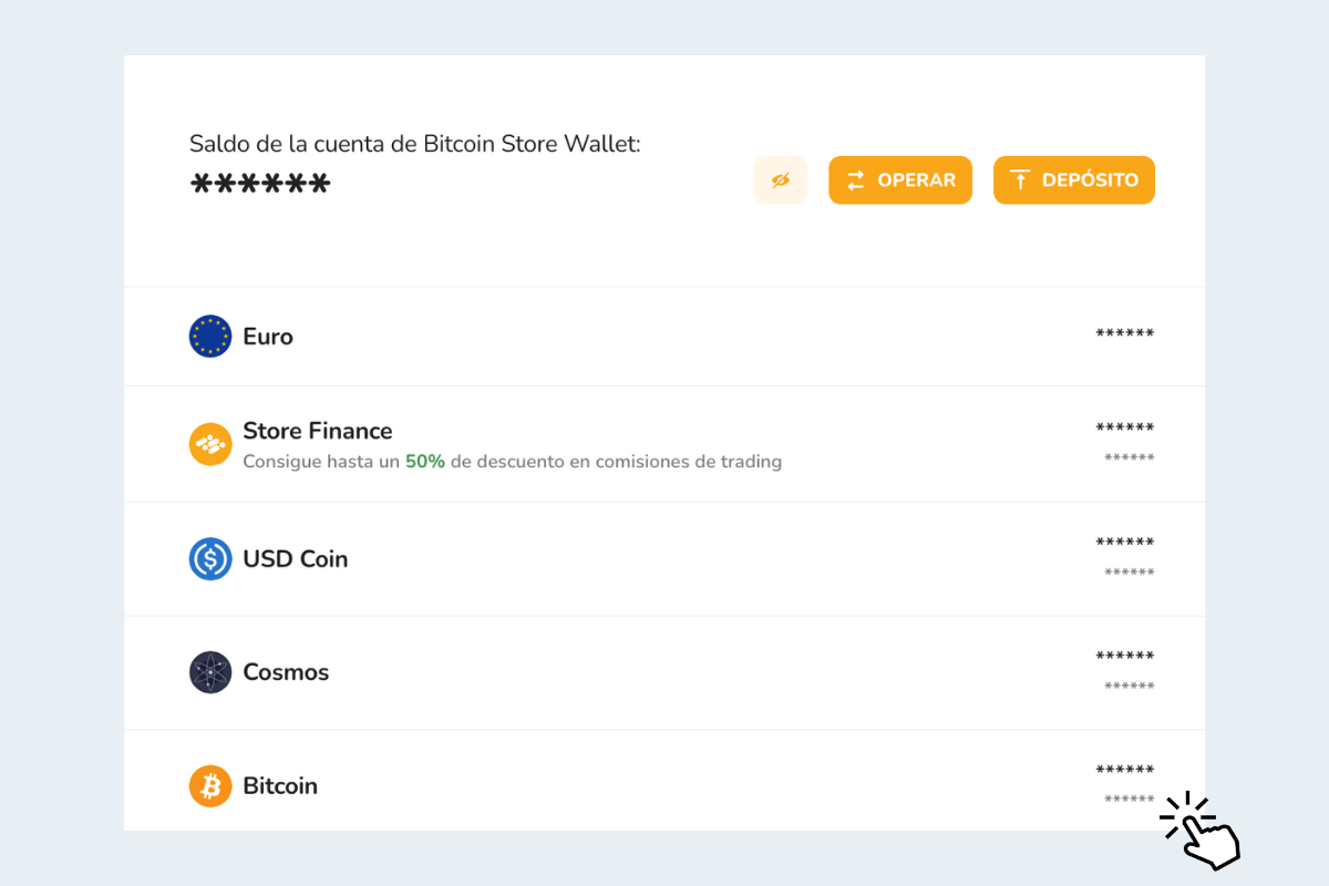 Portafolio de criptomonedas en la billetera digital Bitcoin Store Wallet.
