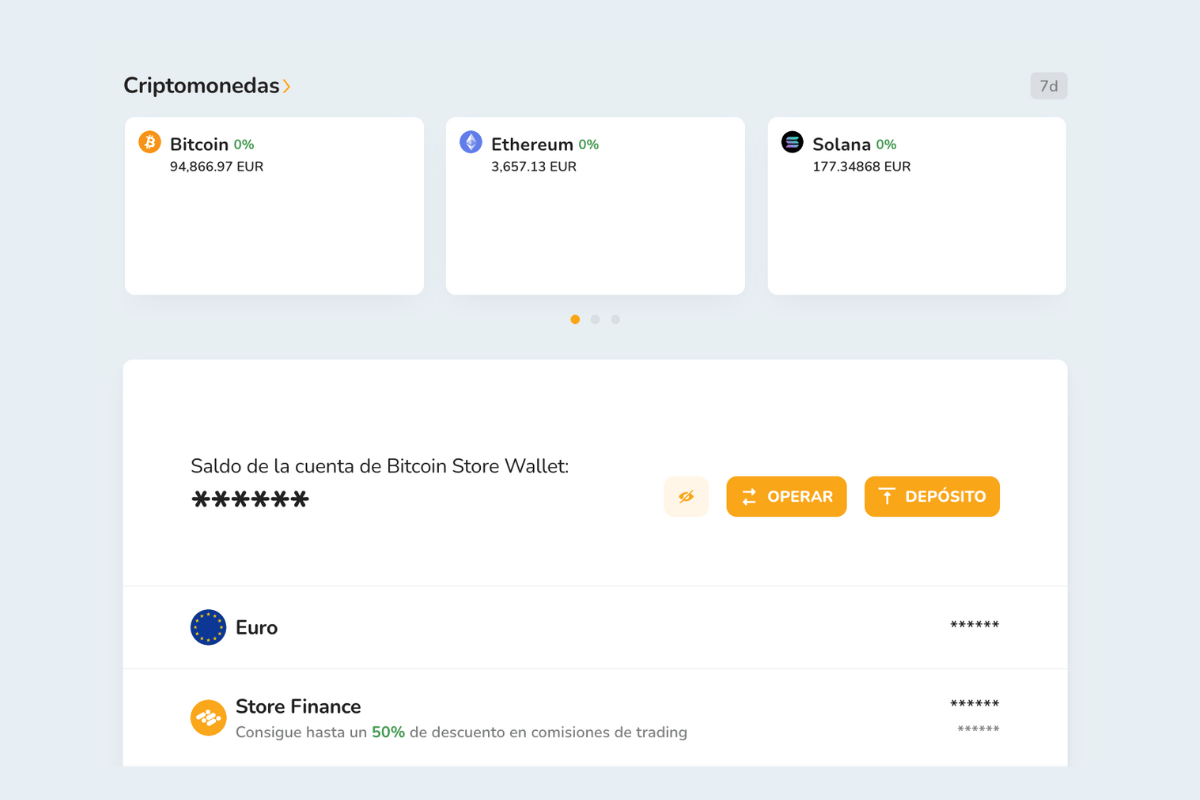 Un screenshot de la pantalla de inicio de Bitcoin Store Wallet, una billetera digital gratuita para comprar, vender y almacenar criptomonedas