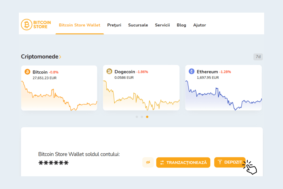 Imaginea arată ecranul de start al Bitcoin Store Wallet, un portofel digital gratuit pentru cumpărarea, vânzarea și stocarea criptomonedelor.