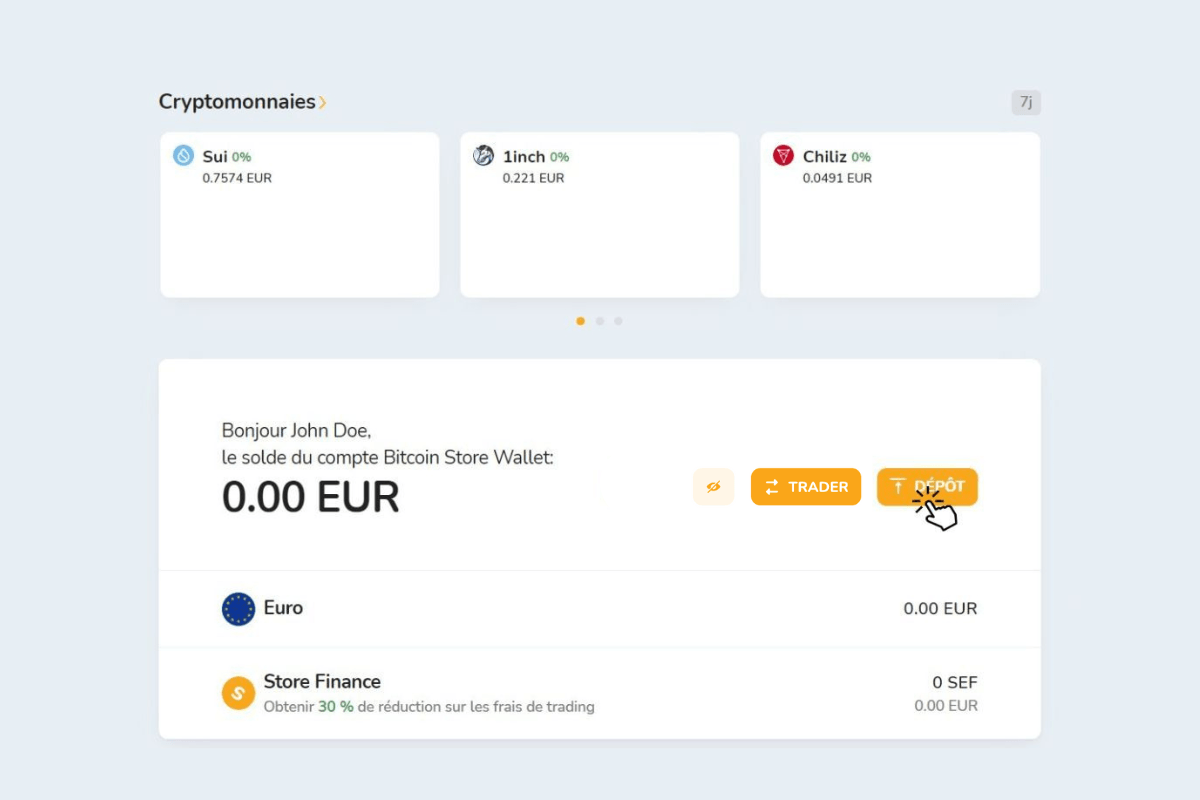 Capture d'écran de l'écran d'accueil de Bitcoin Store Wallet, un portefeuille numérique gratuit pour acheter, vendre et stocker des cryptomonnaies.
