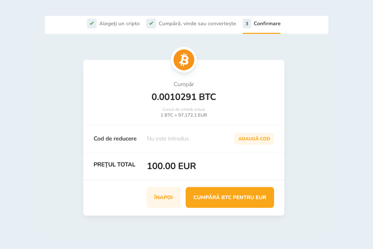 Fereastra de confirmare a achiziției criptomonedei Bitcoin (BTC) pentru euro (EUR).