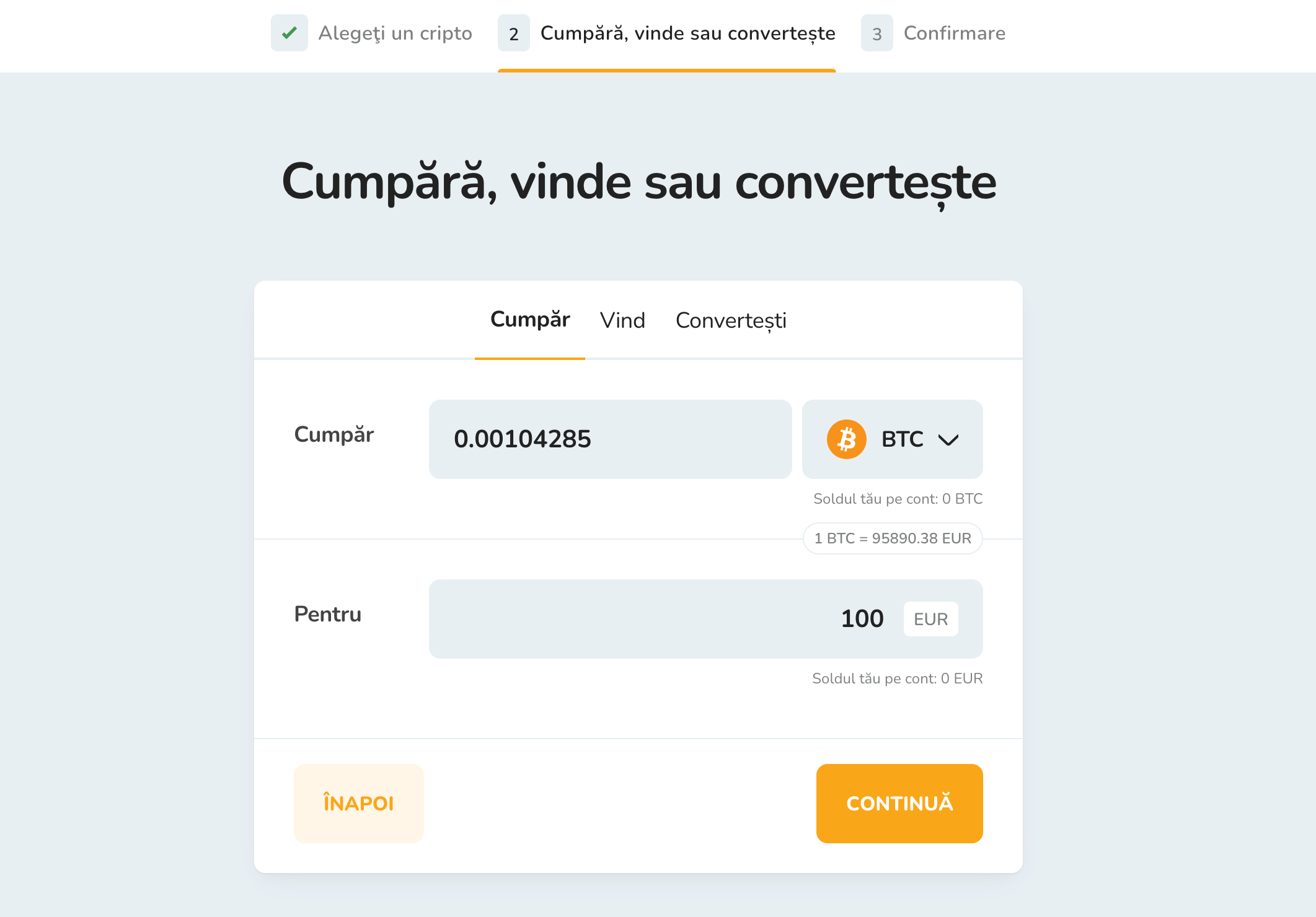 Cumpărarea Bitcoin (BTC) pentru euro (EUR) pe platforma de schimb Bitcoin Store.