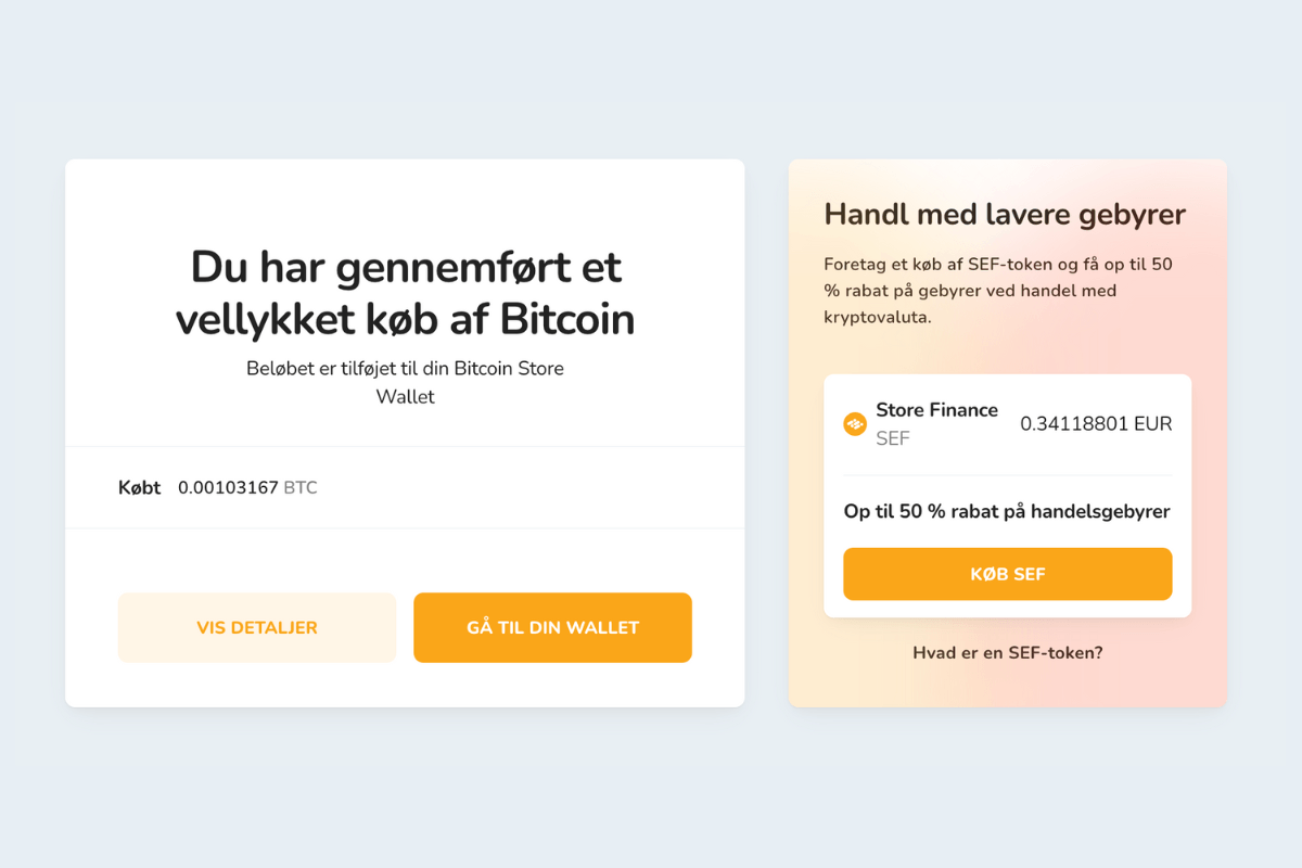 Succesfuldt køb af den første kryptovaluta på Bitcoin Store-platformen.