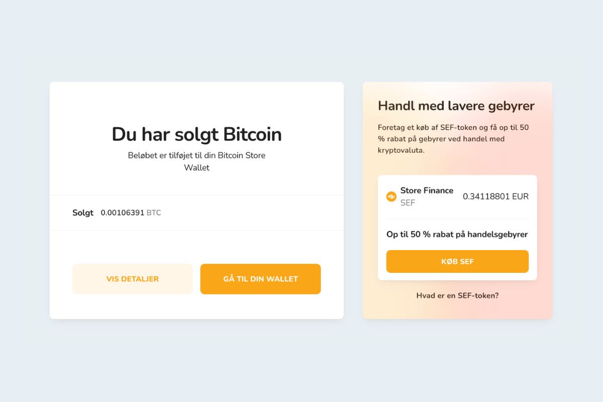 Bekræftelse af salg af Bitcoins via Bitcoin Store Wallet.