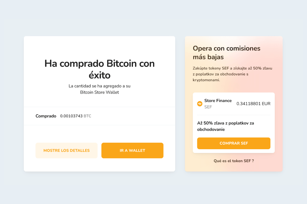 Compra exitosa de la primera criptomoneda en la plataforma de Bitcoin Store