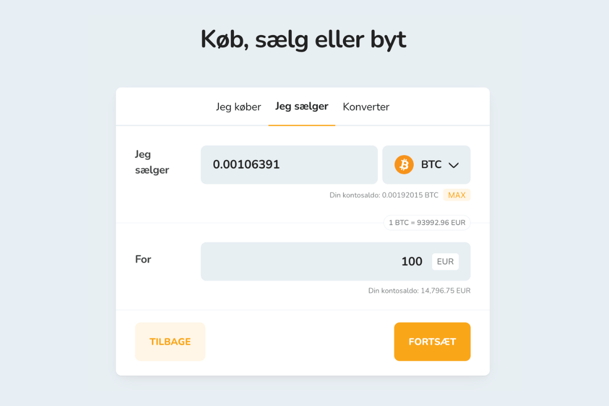 Salg af kryptovalutaer for et beløb i Euro (EUR).