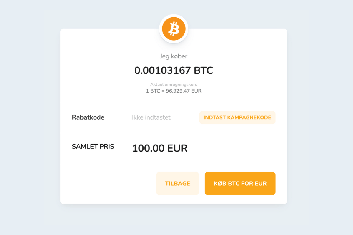 Bitcoin (BTC) kryptovaluta købskonfirmationsvindue for Euro (EUR).