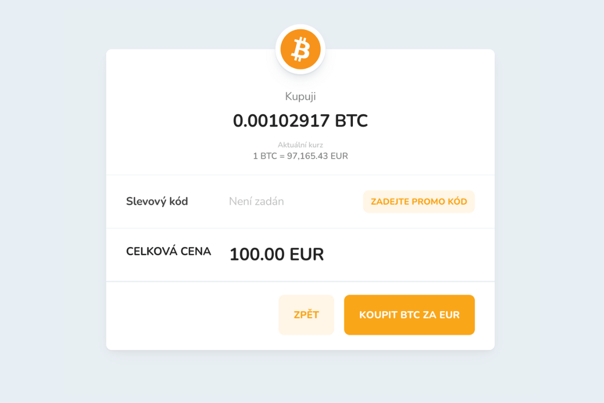 Okno pro potvrzení nákupu kryptoměny Bitcoin (BTC) za euro (EUR)