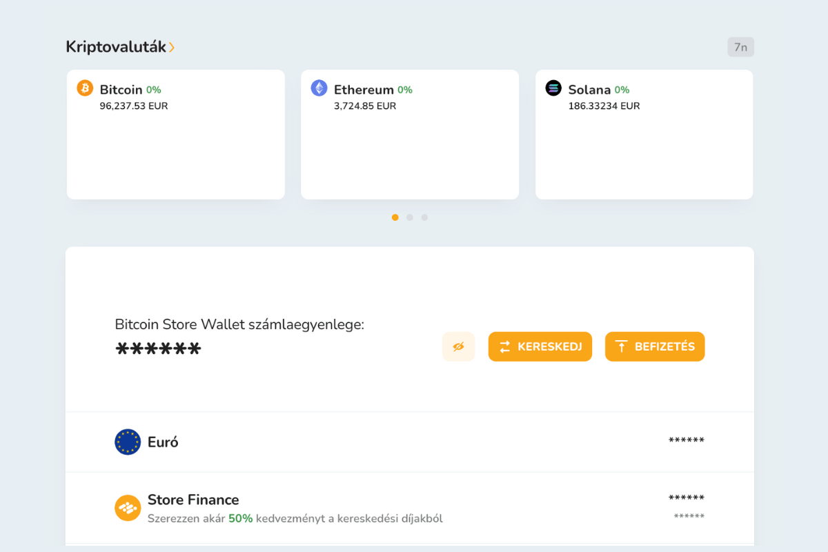A Bitcoin Store Wallet kezdőképernyője, egy ingyenes digitális tárca kriptovaluták vásárlásához, eladásához és tárolásához.