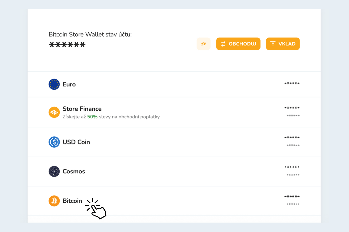 Krypto portfolio v digitální peněžence Bitcoin Store Wallet.