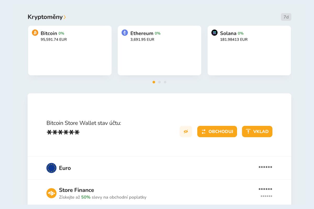 Snímek domovské obrazovky Bitcoin Store Wallet, bezplatné digitální peněženky pro nákup, prodej a uchovávání kryptoměn.