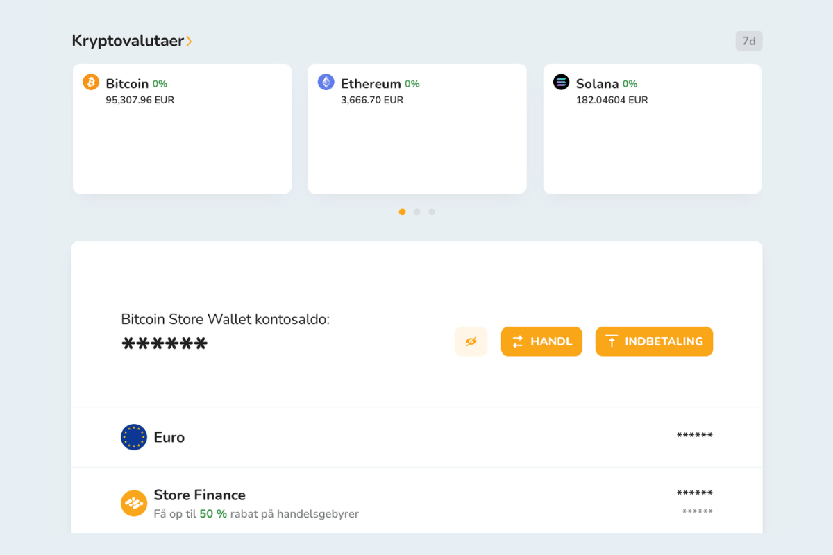 Et screenshot af startskærmen for Bitcoin Store Wallet, en gratis digital wallet til køb, salg og opbevaring af kryptovalutaer.