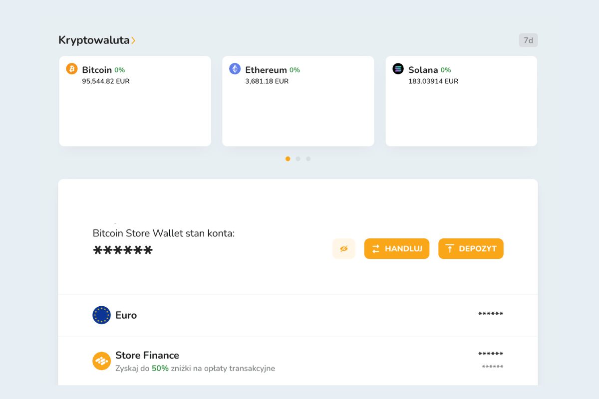 Zrzut ekranu głównego ekranu portfela Bitcoin Store Wallet, darmowego portfela cyfrowego do kupowania, sprzedawania i przechowywania kryptowalut.