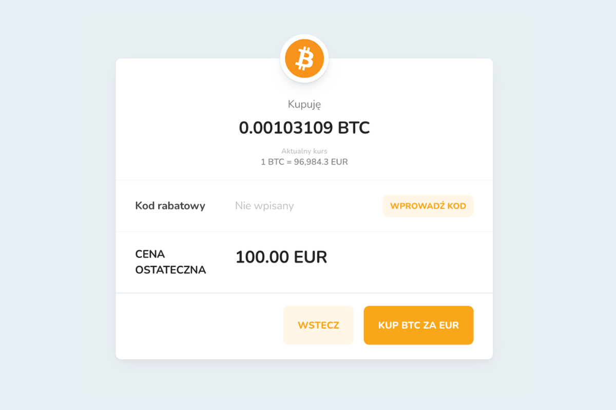 Okno potwierdzenia zakupu kryptowaluty Bitcoin (BTC) za euro (EUR).