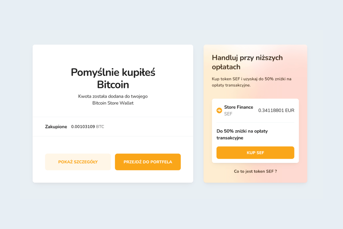 Pomyślny zakup pierwszej kryptowaluty na platformie Bitcoin Store.