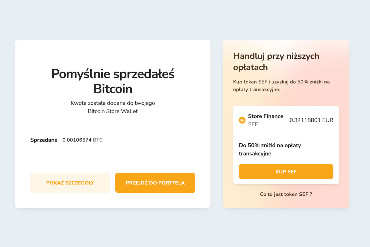 Potwierdzenie sprzedaży Bitcoinów za pomocą portfela Bitcoin Store Wallet.