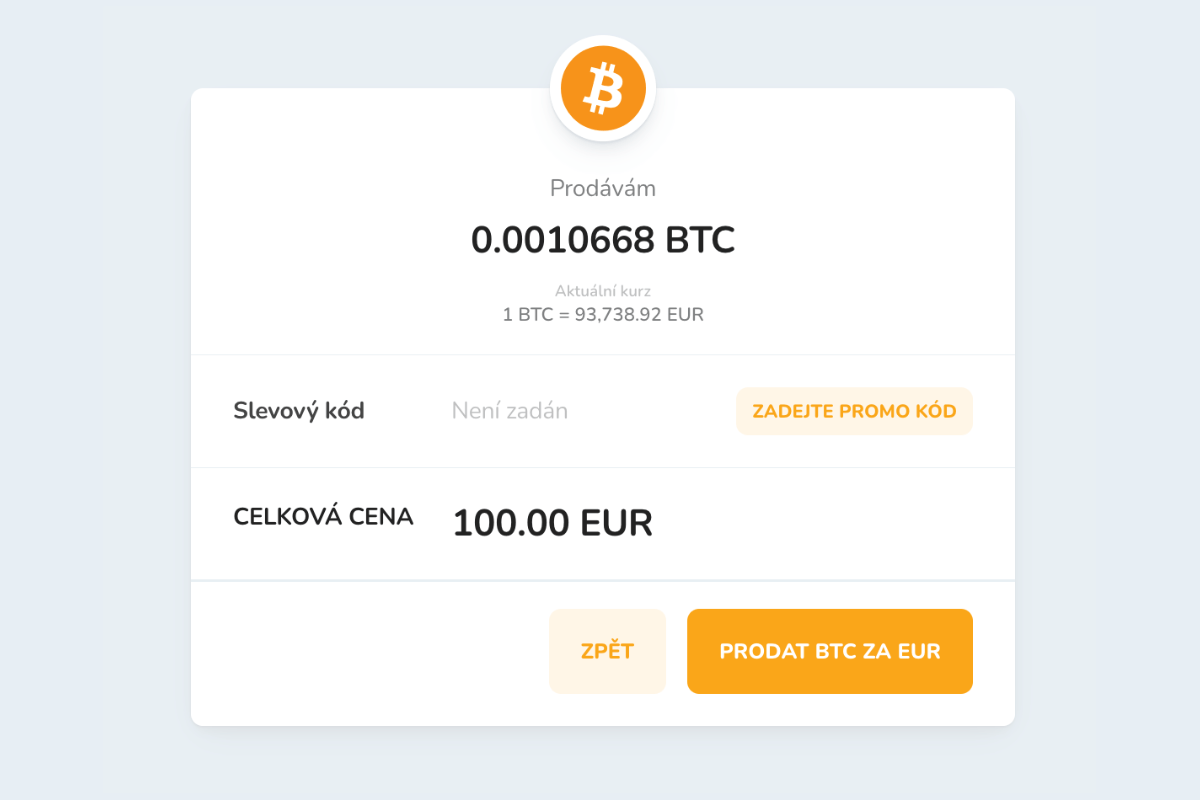 Potvrzení prodeje kryptoměn prostřednictvím Bitcoin Store Wallet.