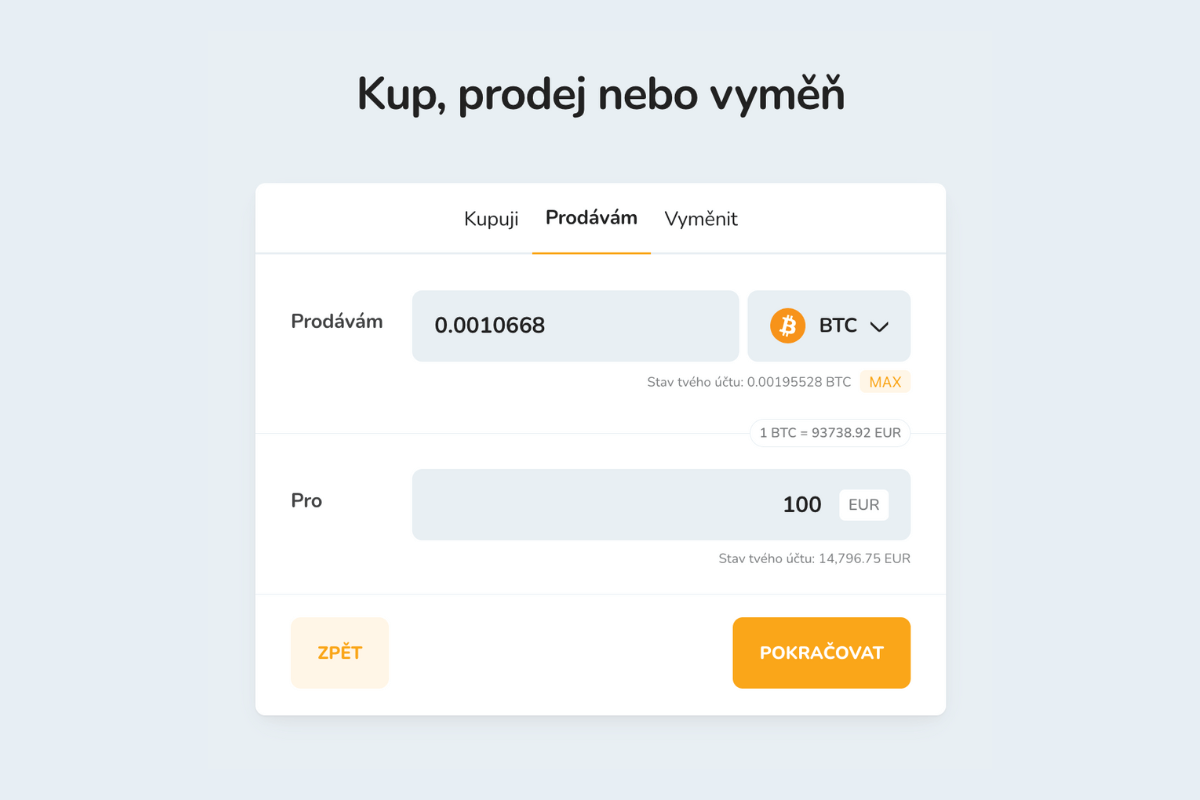 Prodej kryptoměn za částku v eurech (EUR)