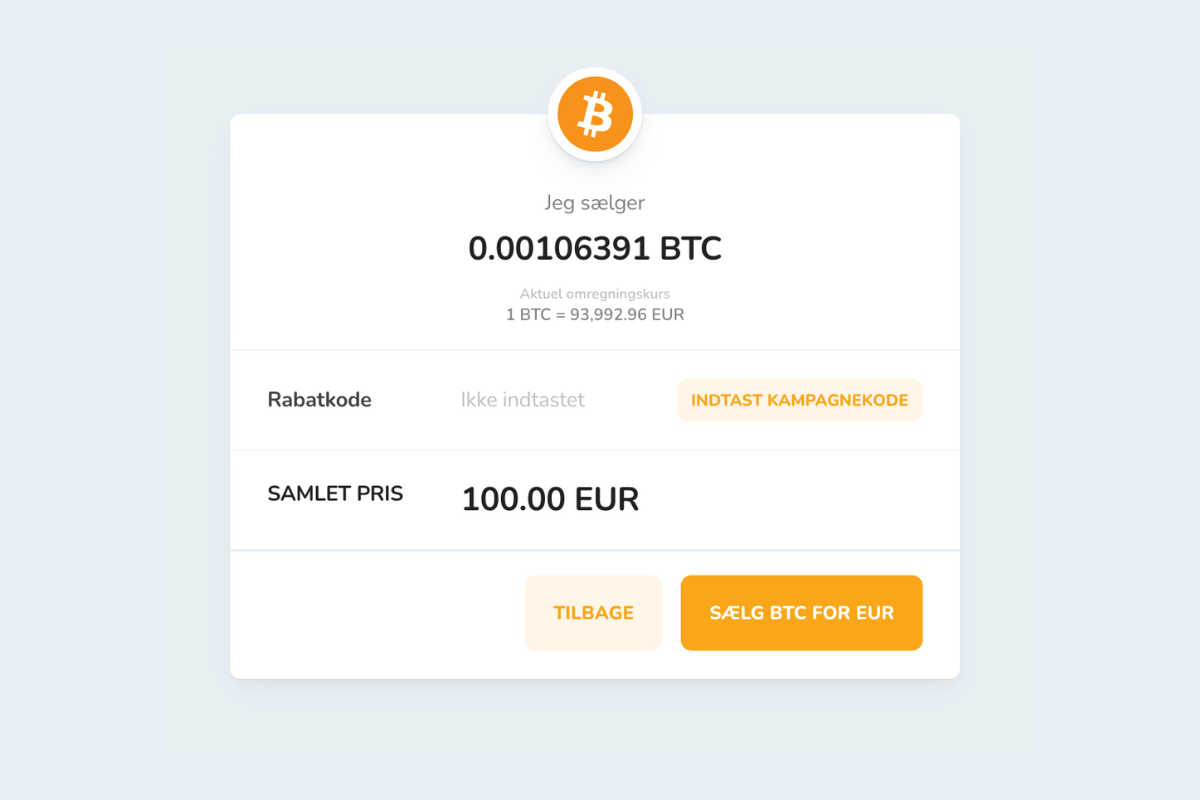 Bekræftelse af salg af kryptovalutaer via Bitcoin Store Wallet.