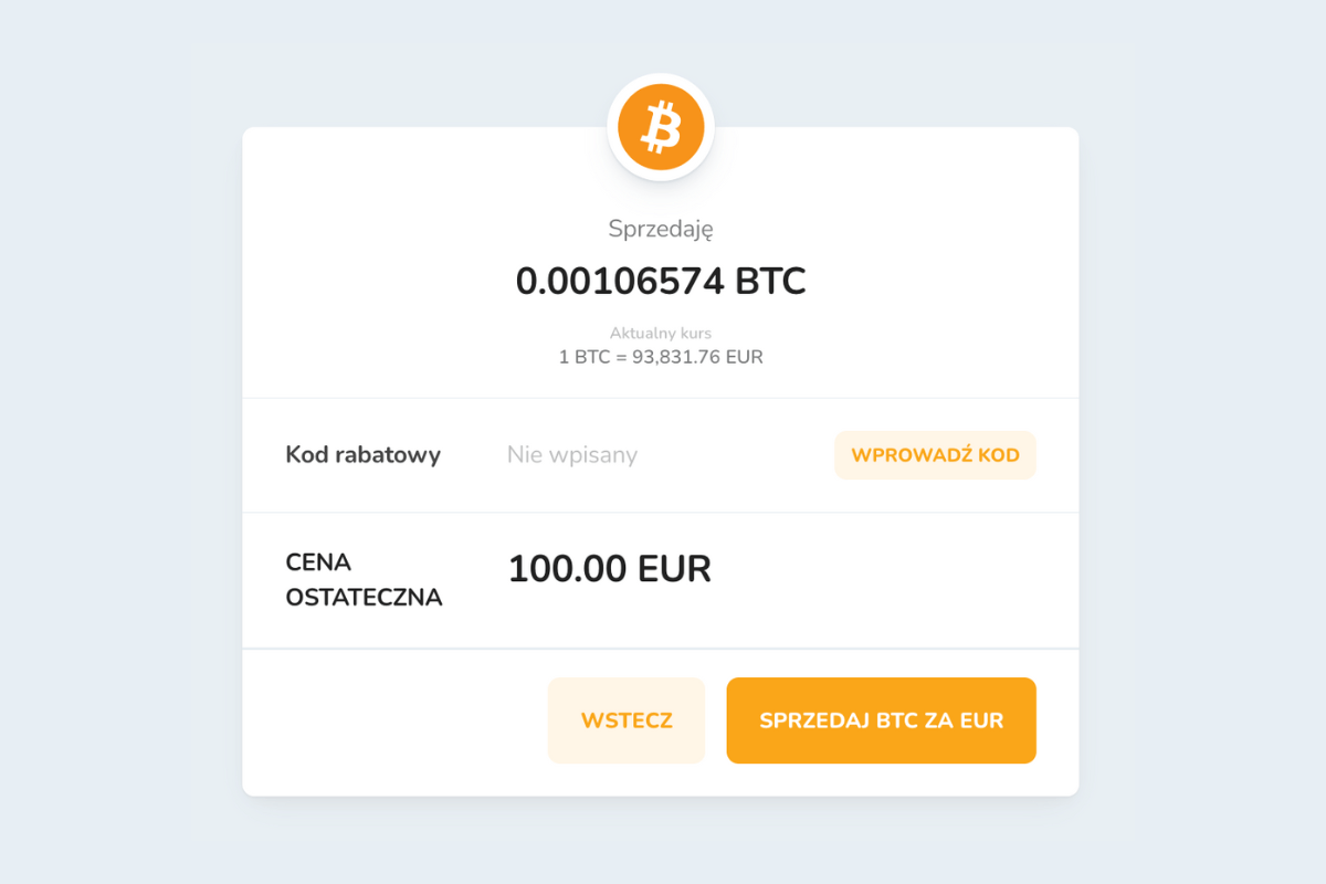 Potwierdzenie sprzedaży kryptowalut za pośrednictwem portfela Bitcoin Store Wallet