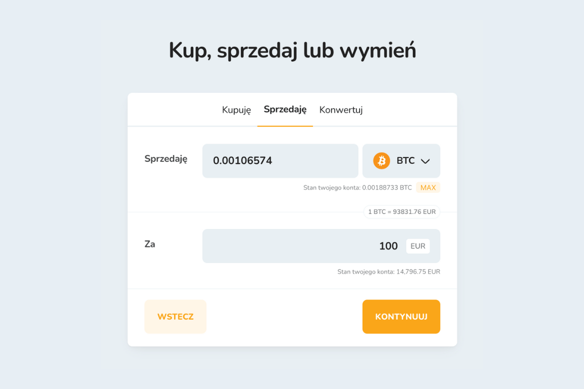 Sprzedaż kryptowalut za kwotę w euro (EUR)