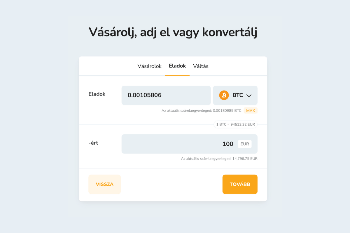 Kriptovaluták eladása euró (EUR) összegért