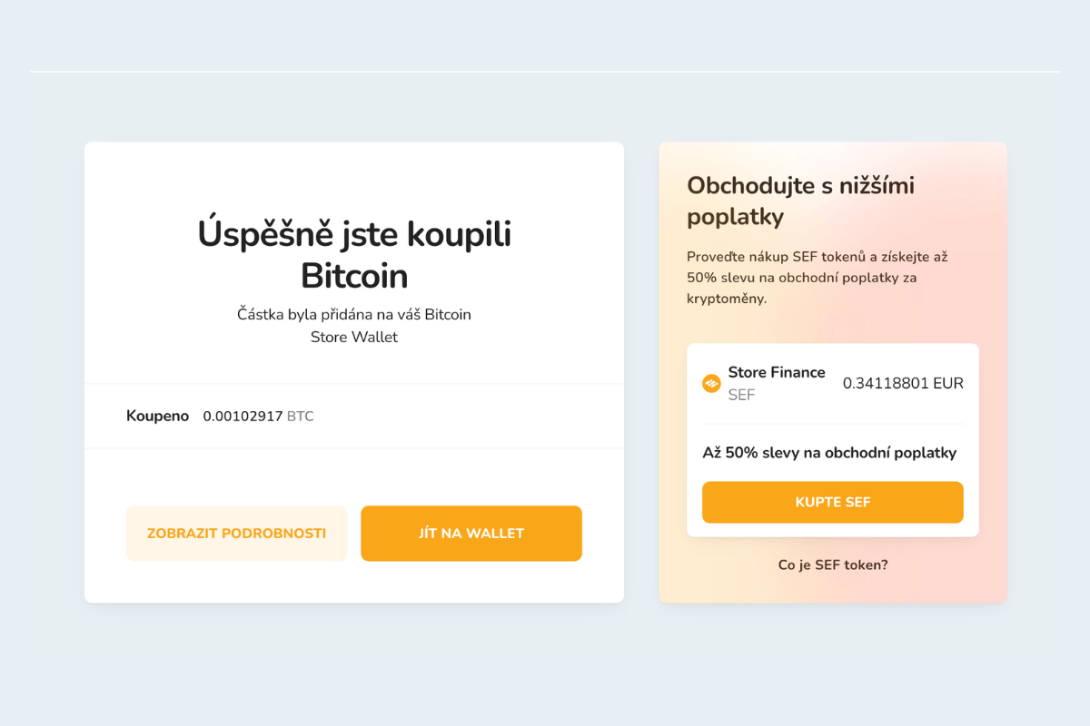 Úspěšný nákup první kryptoměny na platformě Bitcoin Store.