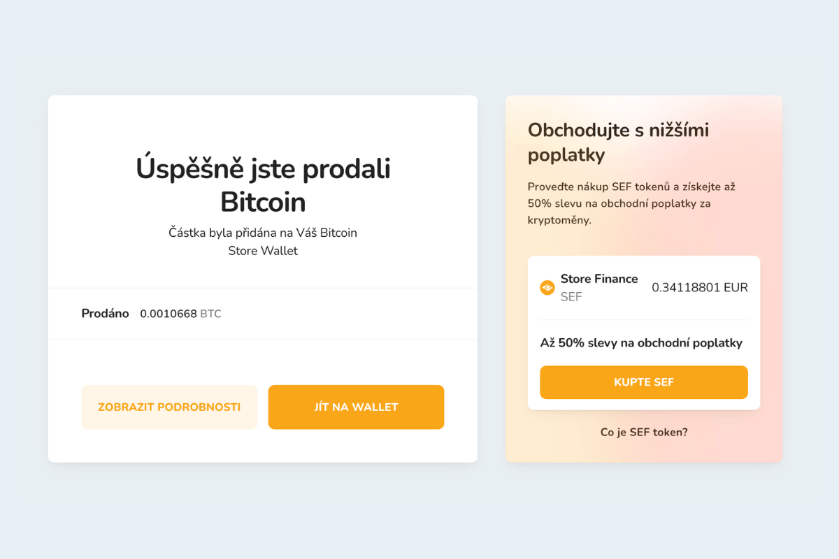 Potvrzení prodeje Bitcoinu prostřednictvím Bitcoin Store Wallet.